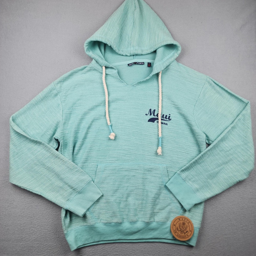 Basix Of America Hoodie Mens M Soft Aqua Maui Hawaii Graphic Knit Pullover